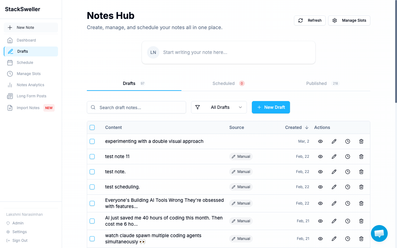 Notes Hub showing draft notes