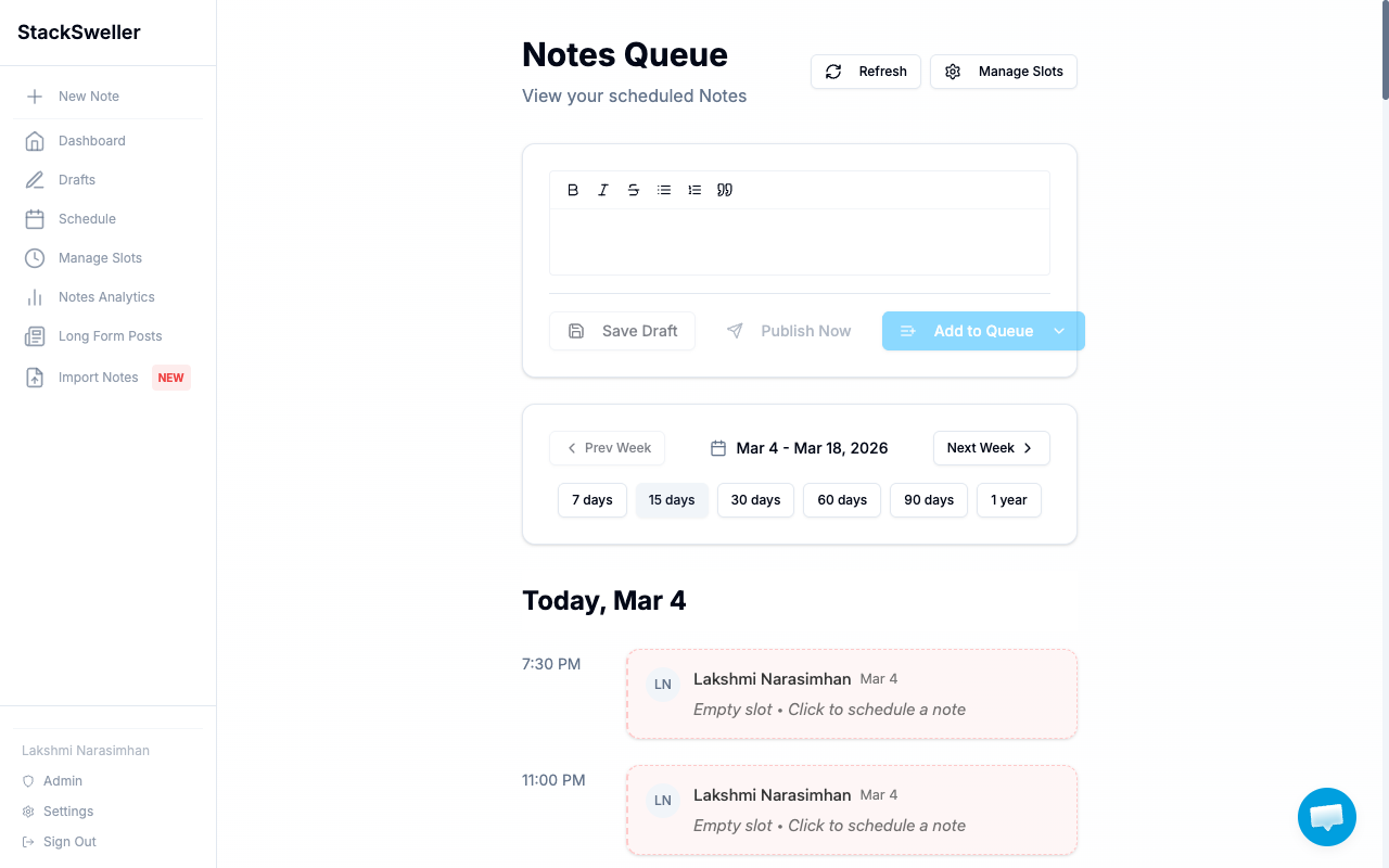Notes Queue showing scheduled notes with time slots