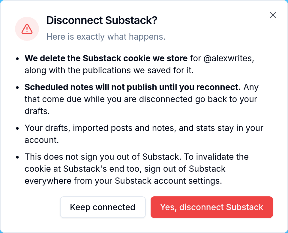 The Disconnect Substack? confirmation dialog listing what happens, with Keep connected and Yes, disconnect Substack buttons