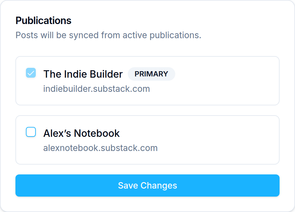 The Publications card listing two publications with checkboxes, one marked Primary, and a Save Changes button