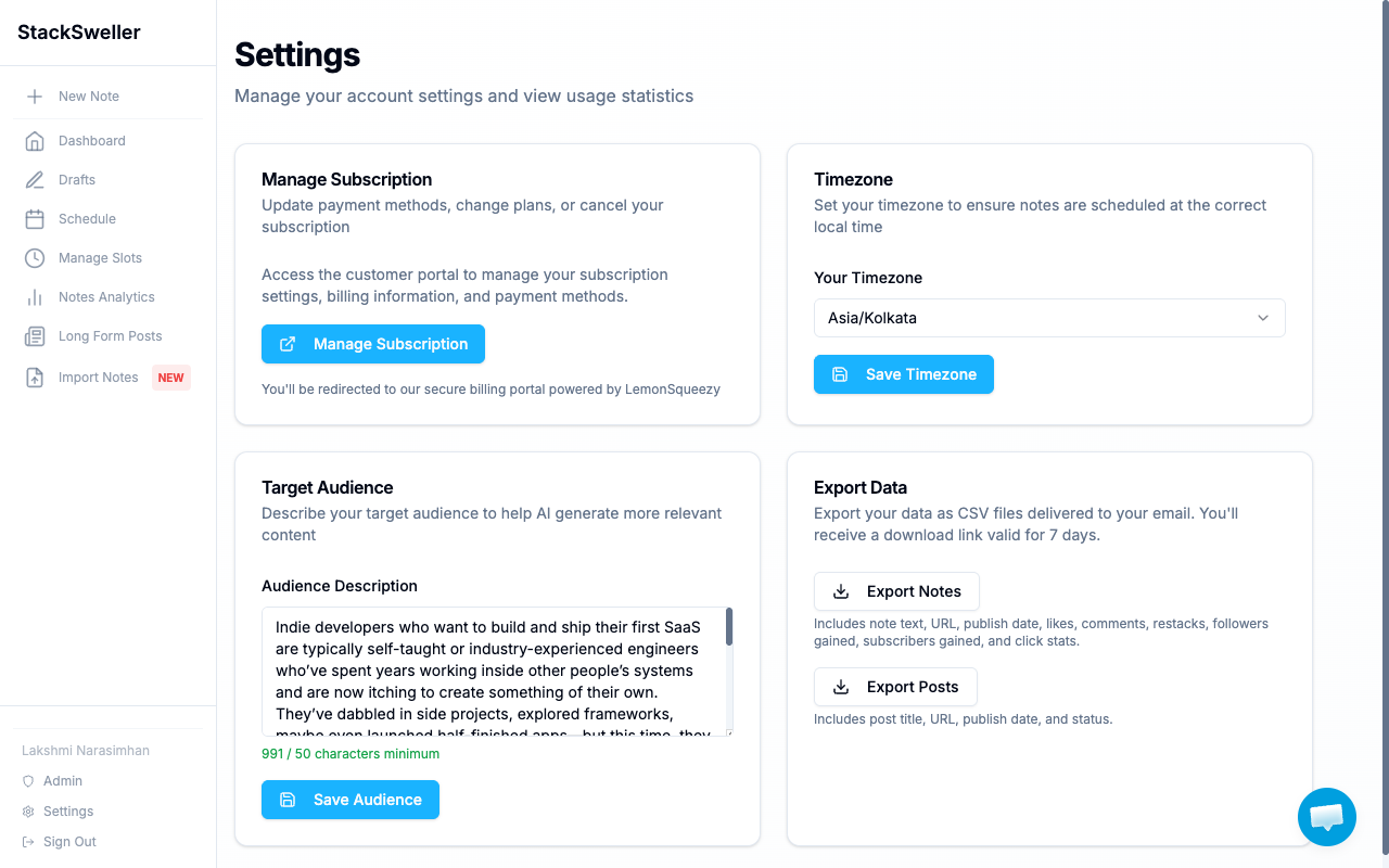 StackSweller settings page